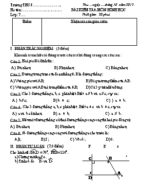 2 Đề kiểm tra 15 phút môn Hình học Lớp 7 - Năm học 2017-2018